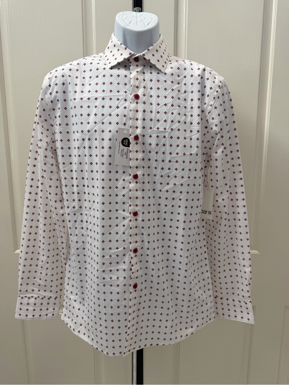Bar III Button-Up Slim Fit Shirt with Burgundy Microprint Sz M 15-15 1/2
